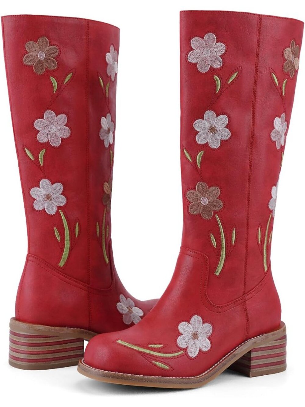 Women's Red Flowers Low Heel Square Toe Chunky Block Heel Long Knee High Boot - Picture 5 of 5